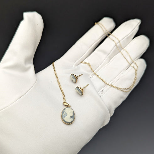 British Vintage Jewelry K9 Gold & Cameo Pendant Necklace Earrings Set